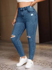 EURMUSE Plus Size Women's Pocket Distressed Skinny Casual Versatile Denim Jeans - Royal Blue - View 4
