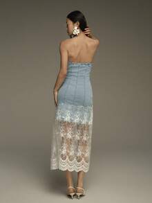COSMINA Denim Women's Elegant Sleeveless Lace Patchwork Midi Denim Dress, Suitable For Early Spring,  Baby Blue Dress Women Elegant,  Blue Lace Dress,  Powder Blue Dress Women,  Pastel Blue Dress , Crotchet Dresses For Women - Light Wash - View 2