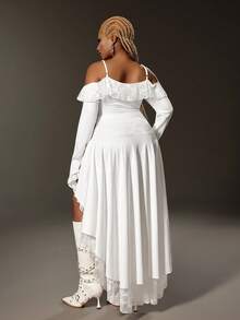 Maweii Vestido de verano de talla grande de unicolor con volantes y encaje en contraste - Blanco - Ver 6