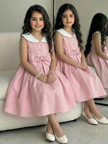 SHEIN Tween Girl Elegant Gold Button White Color Block Collar Big Bow Pink Sleeveless A-Line Dress,Pink And White Striped,Summer,Elegant,Party Wear Vintage - Pink - View 3