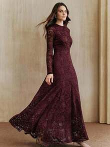 女士长款夏季连衣裙，优雅春季女士长袖蕾丝连衣裙，圆领修身长袖连衣裙，适合新年、圣诞节、情人节、派对、婚礼等场合，时尚、优雅、正式。 - 酒紅色 - 查看 4