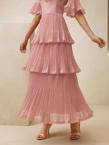 Anewsta 新款高品质品牌女装连衣裙，法式优雅甜美粉色中长连衣裙，高领设计，大蝴蝶结，喇叭袖，收腰，层叠荷叶边裙摆，适合约会和通勤，显瘦。 - 藕粉色 - 查看 2