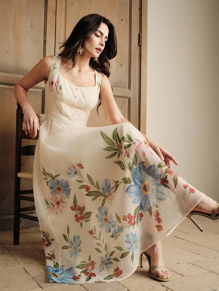 Spring & Summer New Women's Pleated Organza Spaghetti Strap Elegant Romantic Floral Print Mid-Length Dress