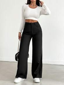 EURMUSE Women's Solid Color Straight Loose Casual Pants - Black - View 5