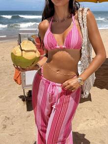 Swim Vcay 女士比基尼套装，休闲度假两件式泳衣，挂脖系带优雅泳装，夏季沙滩装 - 藕粉色 - 查看 4