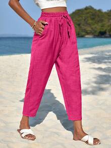 SHEIN Plus Size Casual Tropical Solid Color Pants Vacation Beach Formal Mint Green Autumn - Hot Pink - View 5