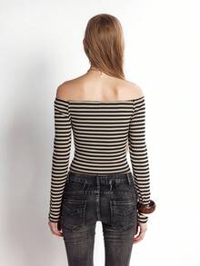 Bloopia 女士针织长袖露肩复古条纹修身性感内衣 - 黑與白 - 查看 2
