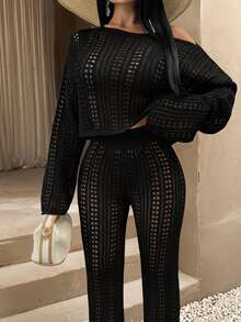 EURMUSE Lacy Knit Crop Top And High-Waisted Trousers Cover Up Comfy - Black - View 8