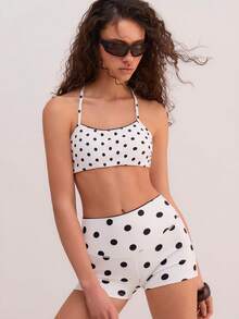 Athîral Women's Casual Sleeveless Polka Dot White Knit Sports Set, Spring/Summer - Black and White - View 1