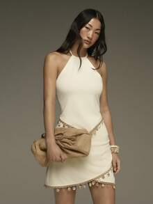 COSMINA 女士优雅露背无袖贝壳装饰两件套，适合早春通勤、度假、海滩和约会穿着，女士连衣裙，露背连衣裙，奶油色连衣裙，短款连衣裙，夏季连衣裙 - 杏色 - 查看 4