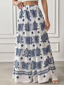 EURMUSE Women's Summer Vacation All-Over Print Elastic Waist Wide Leg Pants - Blue and White - View 1