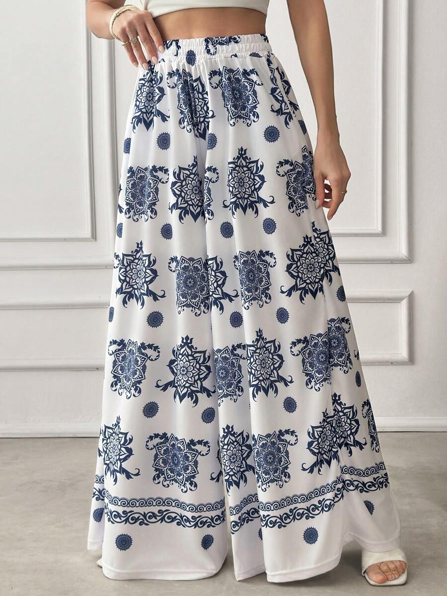 EURMUSE Women's Summer Vacation All-Over Print Elastic Waist Wide Leg Pants - Blue and White - View 1