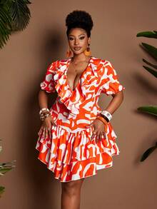Maweii Plus Size Women Geometric Print Ruffle Hem Fashionable Vacation Dress - Orange - View 5
