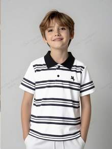 SHEIN 男童条纹印花休闲短袖Polo衫 - 黑與白 - 查看 1