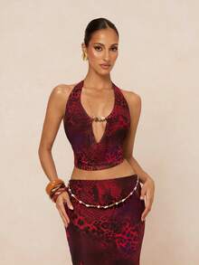 Lumalex 女士优雅性感露背无袖修身上衣 + 女士优雅性感开衩串珠修身半裙，春夏款，酒红色 - 酒紅色 - 查看 8