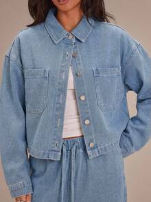 Athîral 女士休闲落肩长袖单排扣口袋牛仔衬衫 - 藍色 - 查看 5