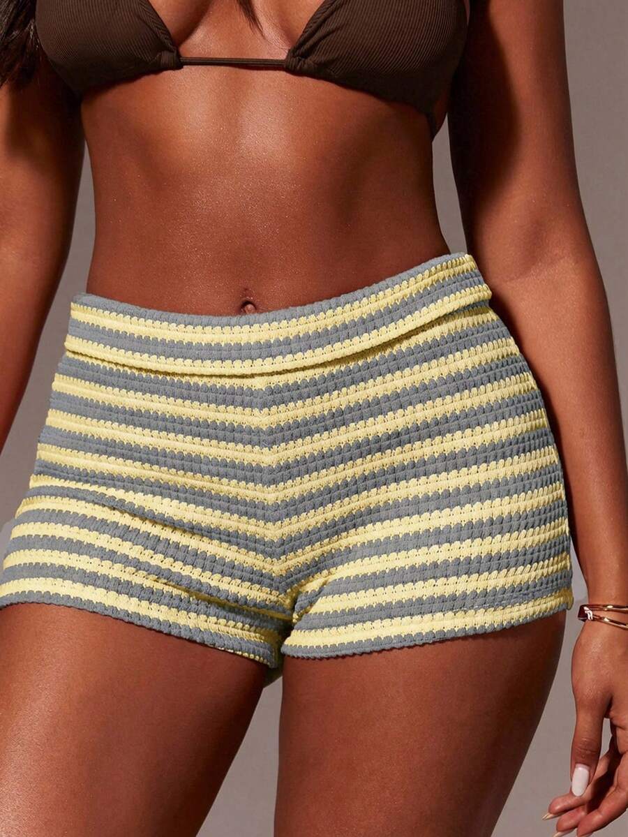 Athîral Women Striped Skinny Casual Shorts - Multicolor - View 1