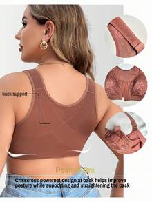 DesireSculpt 1pc Elegant & Comfortable Lace Patchwork Front Closure Plus Size Bra, Adjustable Shoulder Straps - Brown - View 2