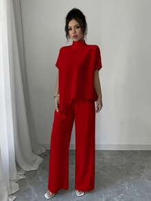 Elenzga Bộ 2 món dành cho nữ: Áo cổ đứng không đối xứng và quần - Màu Đỏ Sâu - Xem 4