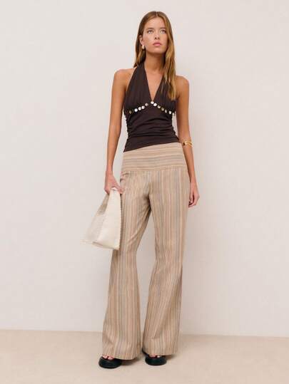 Nöista Chocolate Brown Halter-Neck Sequined Top, Elegant, Deep V-Neck, Delicate Sequins, Slim Fit, Bohemian Style, Perfect For Summer And Early Autumn Vacations, Beaches, Music Festivals.