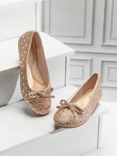 Mini mi #PrincessGlam Girls' Round Toe Full Rhinestone Bow Glitter RoseGold Ballet Flats – Sparkly, Dressy & Comfortable