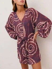 Nöista Mono de playa con ajuste oversize en colores marrones con efecto tie-dye, con lazo ajustable en la cintura. Mangas largas con elástico en los puños. Atuendo casual para vacaciones en la playa para mujeres, ropa de verano elegante para salidas, bodas, fiestas, festivales y vacaciones. - Marrón - Ver 4