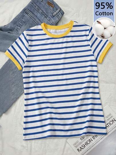 SHEIN EZwear Camiseta de mujer de 95% algodón a rayas azul y blanco con acento amarillo - Camiseta de manga corta, cuello redondo, corte holgado, de estilo náutico casual para el verano, chica de isla vintage, vacaciones en la playa, vacaciones de primavera, estilo soft girl, estilo clean girl, festival bohemio, crucero, invitada de boda, viaje a la ciudad, ropa elegante de vacaciones