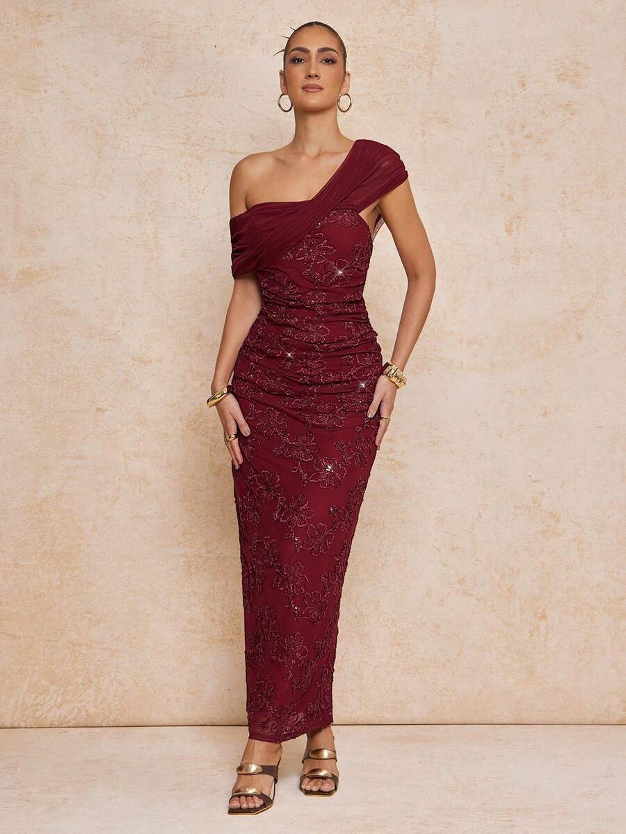 Lumalex Spring/Summer New Burgundy & Purple Sequin Mesh Splice Ruched Asymmetric Shoulder Flattering Long Dress - Burgundy - View 1