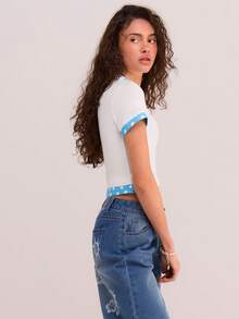Athîral Women's Casual Polka Dot Patchwork T-Shirt - Blue and White - View 5