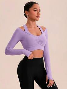 VARSIVA Solid Color Open Shoulder Fitted Cropped Sports T-Shirt - Mauve Purple - View 4