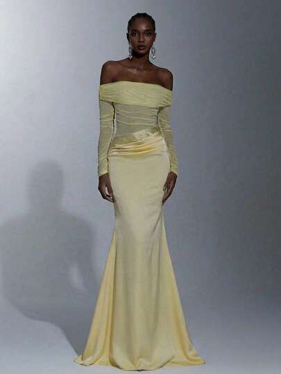 Elitara Elegant High-Stretch Knit Mesh & Satin Off Shoulder Sheer Long Sleeve Waist Ruched Fishtail Dress, Suitable For Dates, Vacations, Singles Parties, Weddings, Women's Evening Gowns, Bridesmaid Dresses