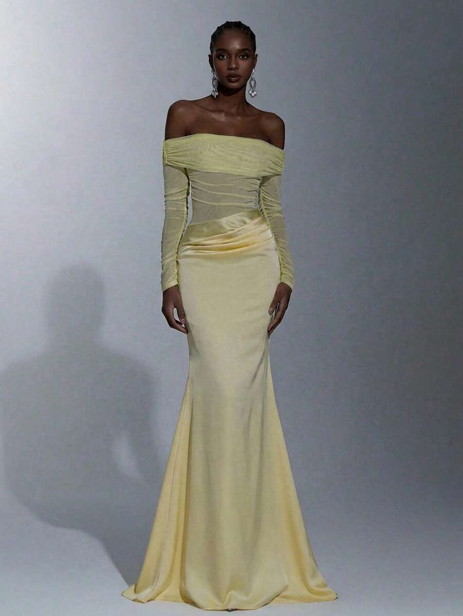 Elitara Elegant High-Stretch Knit Mesh & Satin Off Shoulder Sheer Long Sleeve Waist Ruched Fishtail Dress, Suitable For Dates, Vacations, Singles Parties, Weddings, Women's Evening Gowns, Bridesmaid Dresses - Yellow - View 1