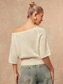 Lumalex Beige Summer Casual Asymmetric Collar Short Sleeve Sweater,Brunch Boho-Casual Flair Quiet Luxury Business Chic,Glitter-Accented Party Look For Vacay - Apricot - View 3