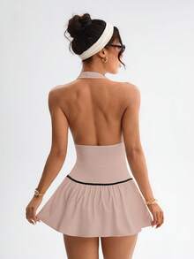 Dewbera 女士露背吊带迷你运动连衣裙 - 藕粉色 - 查看 3