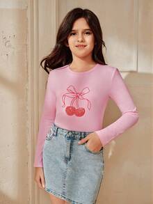 Anewsta Embroidered & Printed Cherry T-Shirt, Light Pink Long Sleeve Top For Tween Girl, Autumn School Cute Graphic Spring/Summer Style Pink Tops - Pink - View 5