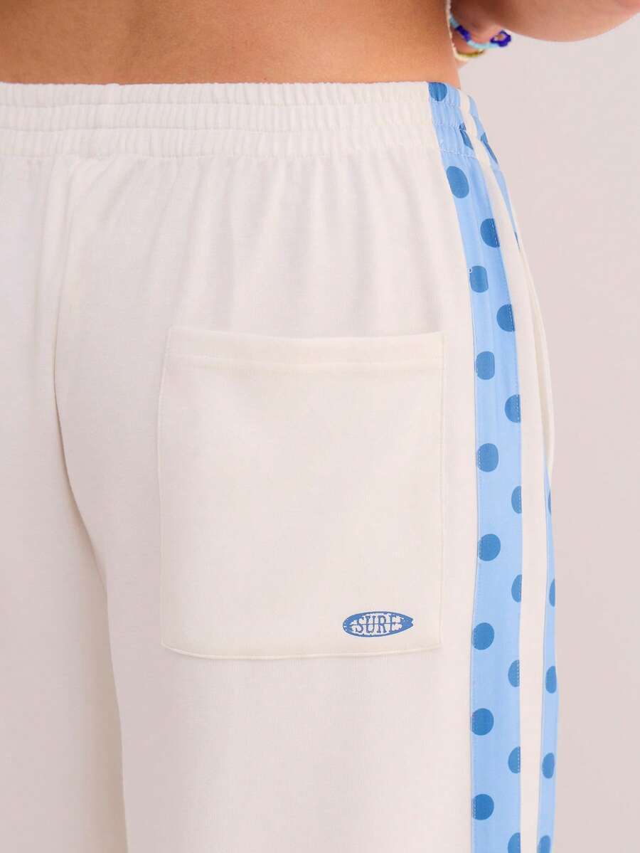 Women's Casual Vacation Polka Dot Striped Printed Knitted White Wide Leg Pants, Loose And Comfortable Elastic Soft And Comfortable Pants, Daily Wear For Dates And Parties, Women's Casual Wear, Gym Wear, Sports Wear, - White - View 1