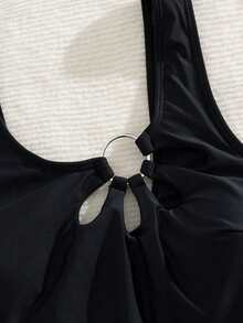 Swim SXY Sleeveless Black Scoop Neck One Piece Swimsuit For Women With Knot Detail Plain Design - Black - View 5