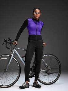 Powerista Women's Letter Print Contrast Color Long Sleeve Cycling Jersey,Black&Purple Breathable Mountain Bike MTB Road Cycle Jacket With 3 Pockets - Purple - View 4