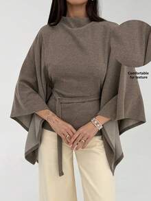 Aloruh 女士纯色立领喇叭袖系带休闲时尚上衣，适合秋冬季节穿着，百搭的秋冬款式 - 杏色 - 查看 8