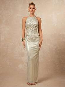 MSLumalex Vestido ajustado con cuello redondo fruncido, decoración de metal cruzada para mujer, lujoso, de nueva apariencia, de lujo tranquilo, para f - Albaricoque - Ver 3