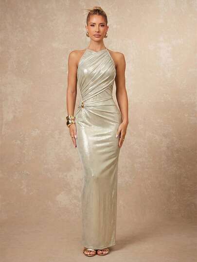 Lumalex Early Spring NecklineIn  Metallic Lurex Stretch Ruched Focus Crew Neck Ruched Criss-Cross Metal Decor Bodycon Long Evening Dress For Women Luxury NewYearNewLook QuietLuxe Prom Gathering Party Banquet Modest Old Money Glitter Holiday Party Rave Festival Outing Vacation Hot Outdoor Richly Layered Wedding Season Banquet ID Al-Adha Al-Adha Party New Year Looks Of Party Party Dress For Blue Dress For Women Drape Dress