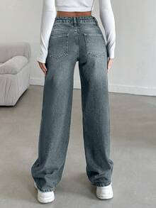 Women's Loose Fit Low Waist Wide Leg Jeans With Pockets - Dusty Blue - View 2