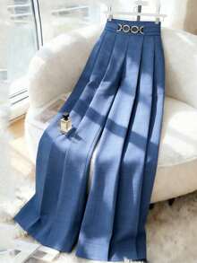 Elenzga 新款女士高腰侧拉链装饰纽扣喇叭裤休闲优雅长裤，适合春秋季穿着 - 藍色 - 查看 4