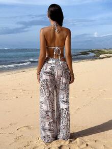 Swim Vcay Conjunto de bikini de halter con base blanca suave y estampado retro de paisley, pantalones anchos de pierna ancha con estampado de flor de anacardo, traje de baño suelto y ligero retro de 3 piezas para vacaciones de verano de mujer - Multicolor - Ver 2