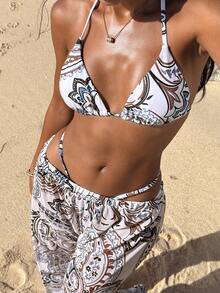 Swim Vcay Conjunto de bikini de halter con base blanca suave y estampado retro de paisley, pantalones anchos de pierna ancha con estampado de flor de anacardo, traje de baño suelto y ligero retro de 3 piezas para vacaciones de verano de mujer - Multicolor - Ver 6