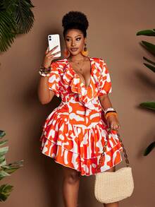 Maweii Plus Size Women Geometric Print Ruffle Hem Fashionable Vacation Dress - Orange - View 2