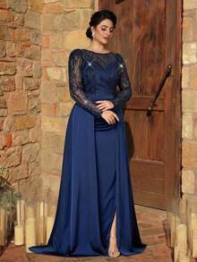 Serin Váy voan dệt kim satin co giãn tay xẻ, đính cườm và sequin sang trọng cỡ lớn, thích hợp cho đám cưới, tiệc tùng, kỳ nghỉ, vũ hội, cô dâu, mẹ, khách - Màu xanh hải quân - Xem 7