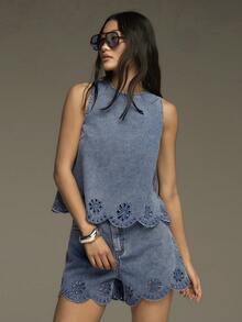 COSMINA Denim 女士无袖刺绣牛仔上衣和短裤套装，镂空牛仔上衣和短裤套装，扇形下摆，休闲优雅度假牛仔两件套 - 藍色 - 查看 5