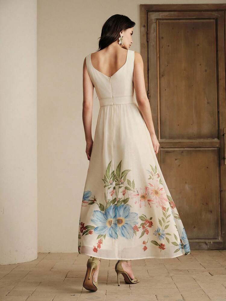 Spring & Summer New Women's Pleated Organza Spaghetti Strap Elegant Romantic Floral Print Mid-Length Dress