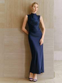 Anewsta Áo tank top không tay cổ cao màu xanh hải quân thanh lịch, kiểu dáng vintage, phối tua rua, dành cho nữ. - Màu xanh hải quân - Xem 3